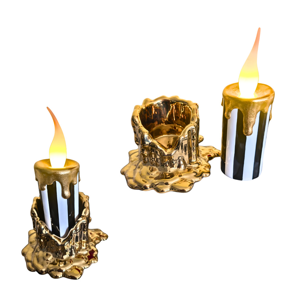 MacKenzie Childs Haunted House Short Gold Candle Holder & Battery Candle 2 pc